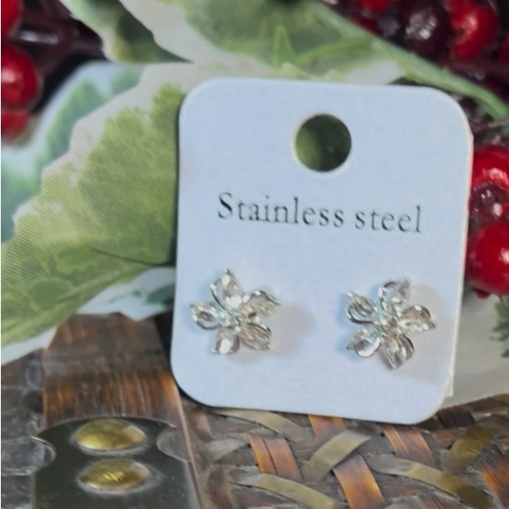 CZ and Stainless Steel Flower Stud Earrings